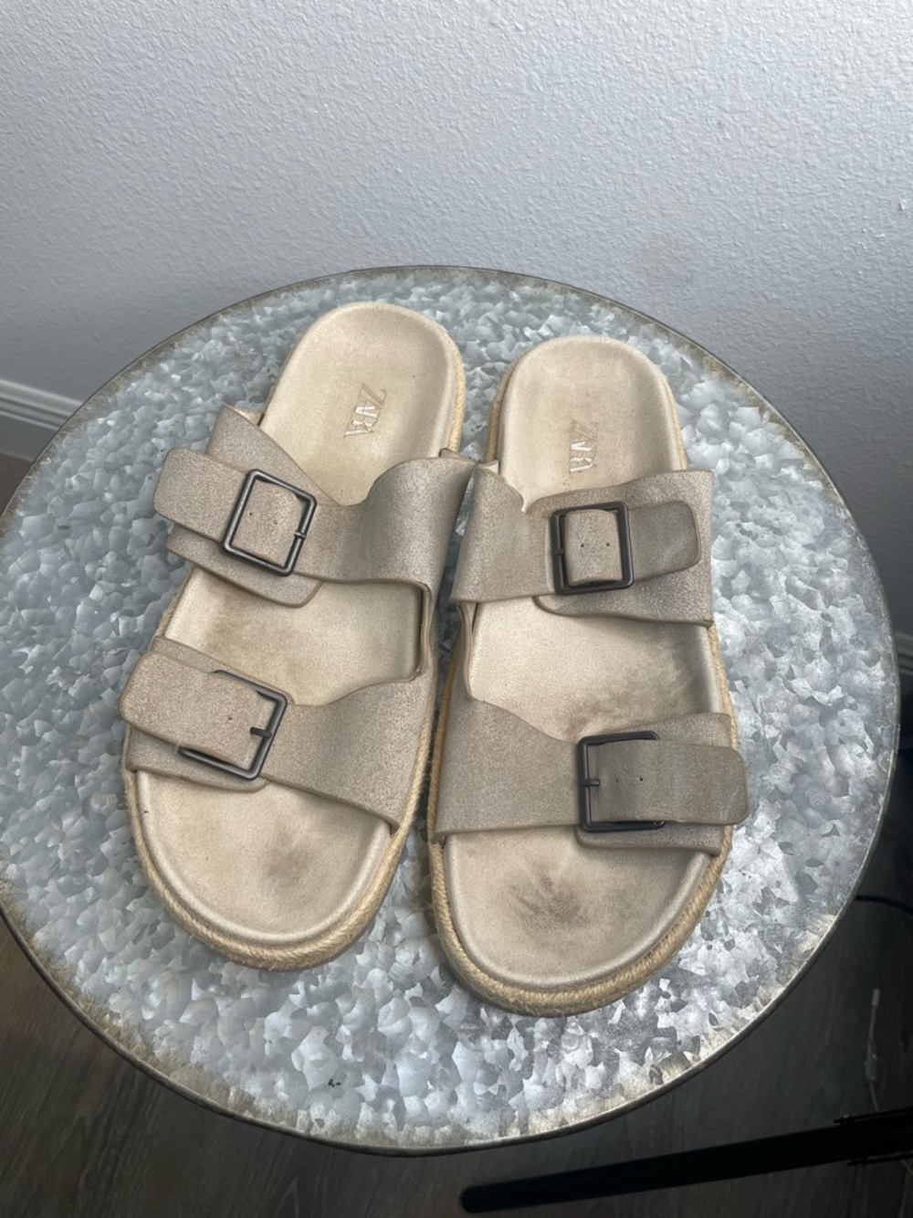 Zara Metallic Gold Double Buckle Slide Sandals